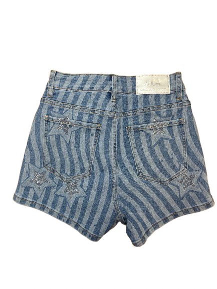 MUYU MUU High-Waist Denim Shorts (Rhinestones)