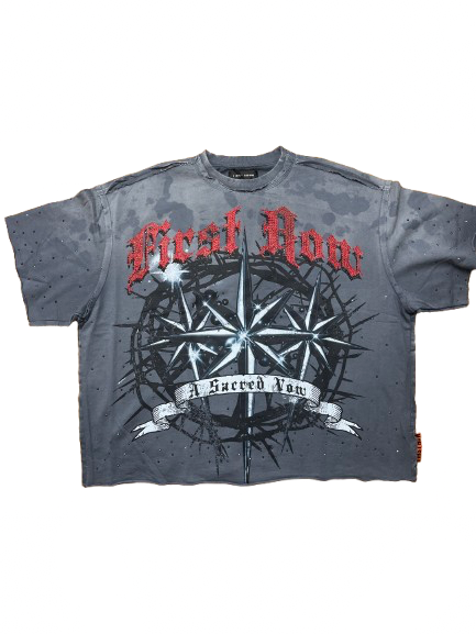 Gray t-shirt with red text and graphic design on a white background