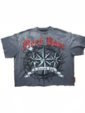 Gray t-shirt with red text and graphic design on a white background