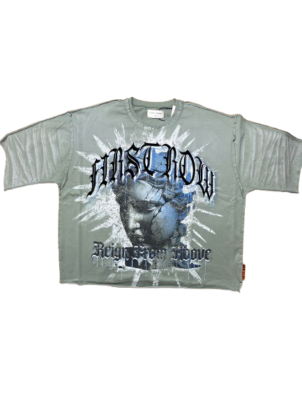 Gray t-shirt with graphic design and text on a white background