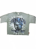 Gray t-shirt with graphic design and text on a white background