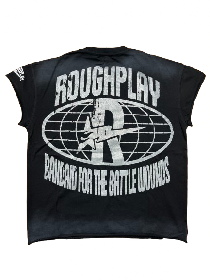 Black sleeveless shirt with white graphic design and text on a white background