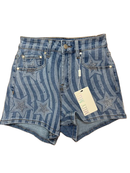 MUYU MUU High-Waist Denim Shorts (Rhinestones)