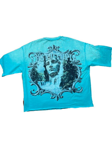 Turquoise t-shirt with graphic design on a white background