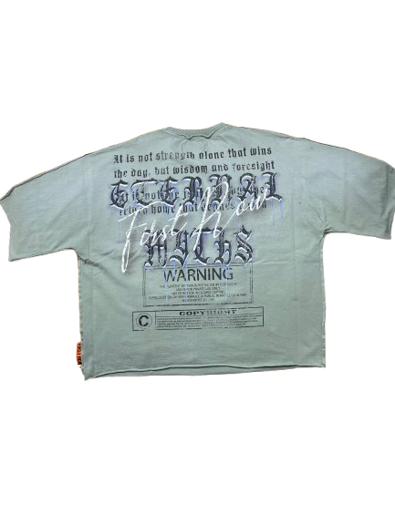 Light green t-shirt with text and branding on a white background